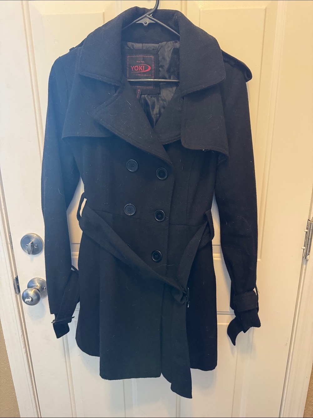 Yoki Women's Black Double-Breasted Belted Trench Coat